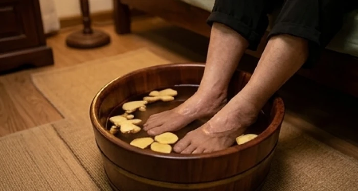Đôi bàn chân của người cao tuổi thư thái ngâm trong chậu gỗ chứa nước ấm thảo dược vào buổi tối mùa đông