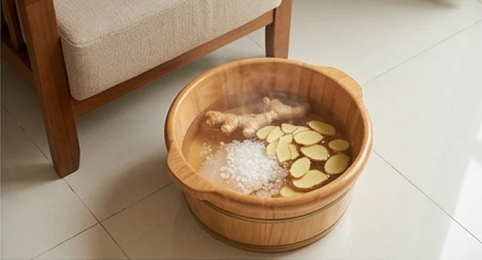 Chậu gỗ ngâm chân nước ấm pha muối hạt và lát gừng tươi giúp giảm đau nhức khớp cho tuổi già