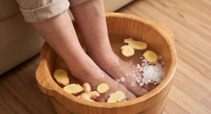 Người cao tuổi thư giãn ngâm chân trong chậu gỗ chứa nước ấm pha lát gừng tươi và muối hạt vào buổi tối trước khi ngủ