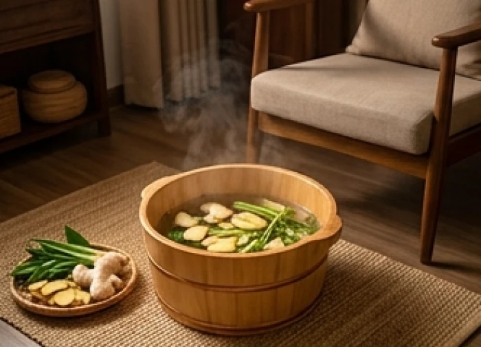 Chậu gỗ ngâm chân chứa nước ấm pha gừng tươi và thảo mộc đặt cạnh chiếc ghế tựa thoải mái