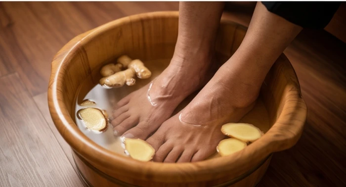 Đôi bàn chân của người cao tuổi đang ngâm thư giãn trong chậu nước ấm pha gừng tươi để xua tan hàn khí mùa đông
