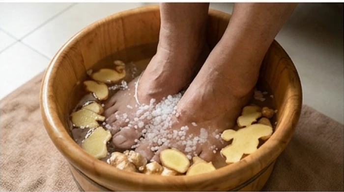 Đôi bàn chân của người cao tuổi đang ngâm trong chậu gỗ chứa nước muối ấm pha những lát gừng tươi