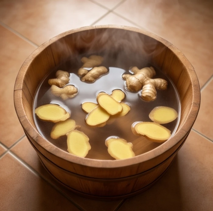 Chậu gỗ chứa nước gừng ấm bốc hơi nhẹ dùng để ngâm đôi bàn chân thư giãn trước khi ngủ