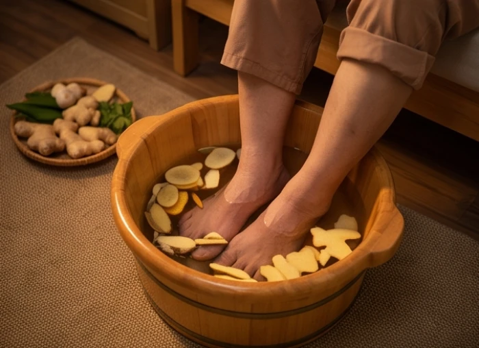 Người lớn tuổi thư giãn ngâm chân trong chậu nước ấm pha gừng tươi để kích thích lưu thông máu trước khi ngủ