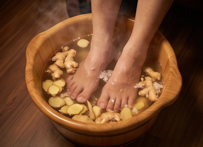 Chậu gỗ ngâm chân chứa nước ấm pha gừng tươi giã nát và muối hạt giúp an thần trước giờ ngủ