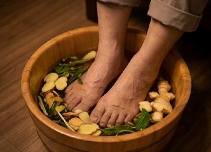 Đôi bàn chân đang được ngâm trong chậu nước ấm pha gừng và thảo dược giúp đả thông kinh mạch buổi tối