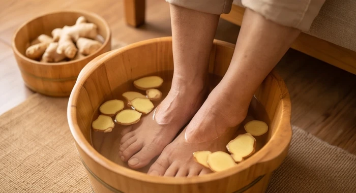 Đôi bàn chân ngâm trong chậu nước ấm pha gừng tươi giúp đả thông kinh mạch và thư giãn thần kinh