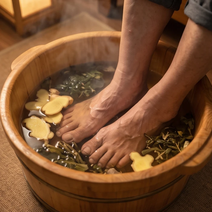 Đôi chân người lớn tuổi ngâm trong chậu nước ấm chứa đầy thảo dược thiên nhiên