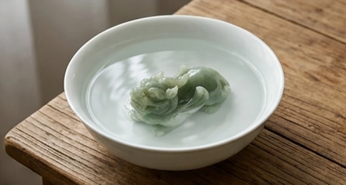 Tượng Tỳ Hưu ngâm ngập trong bát sứ chứa nước âm dương mới pha để thanh tẩy tạp khí trước khi điểm nhãn
