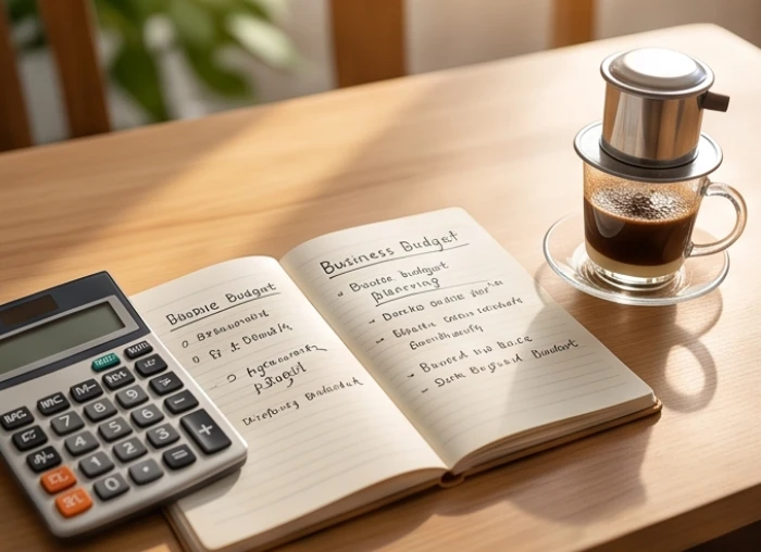 Bản kế hoạch dự toán chi phí mở cửa hàng chi tiết được đặt trên bàn làm việc cùng với máy tính cá nhân