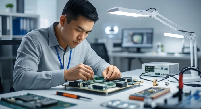 Kỹ sư đang tập trung thiết kế vi mạch điện tử đòi hỏi tư duy logic sắc bén và sự nhạy bén cao độ