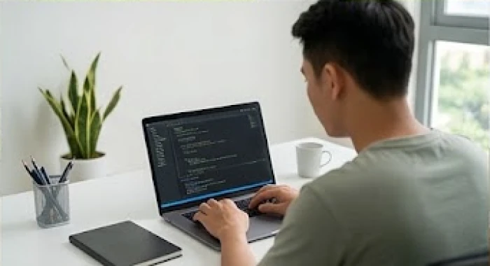 Nam thanh niên Canh Dần chăm chú thực hành lập trình trên máy tính phát huy tư duy logic và sự tự chủ