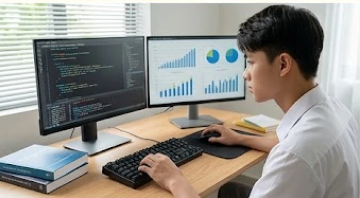Nam sinh tuổi Canh Dần phân tích cấu trúc dữ liệu và mã nguồn trên màn hình kép tại phòng làm việc