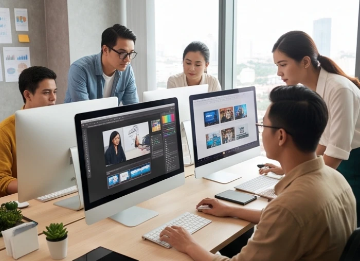 Nhóm nhân sự sáng tạo thảo luận ý tưởng công nghệ và truyền thông đa phương tiện trong không gian làm việc mở