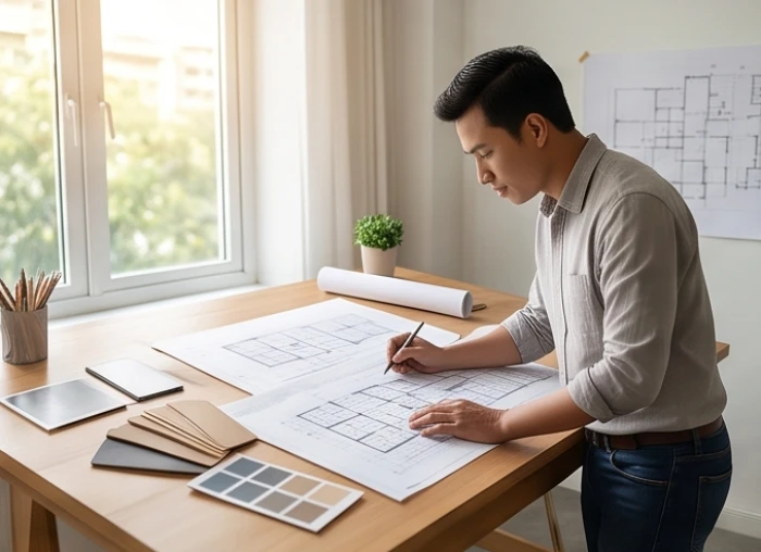 Kiến trúc sư trẻ đang hoàn thiện bản vẽ thiết kế nội thất tối ưu hóa ánh sáng tự nhiên cho không gian sống