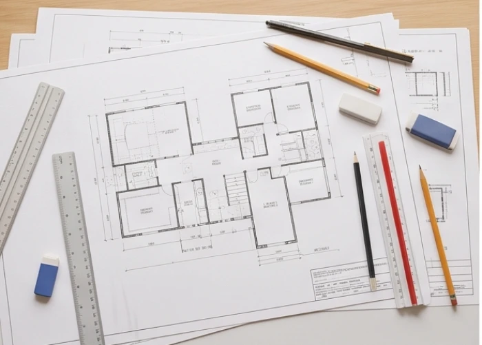 Bản vẽ thiết kế và các dụng cụ đo đạc kiến trúc xếp ngăn nắp trên bàn làm việc của sinh viên