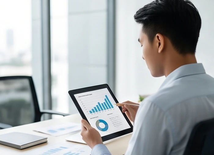 Nhân viên marketing số và phân tích dữ liệu đang đánh giá biểu đồ tăng trưởng thị trường trên máy tính bảng