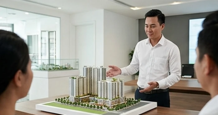 Chuyên viên môi giới bất động sản tuổi mậu dần tư vấn mô hình quy hoạch dự án tại văn phòng sang trọng