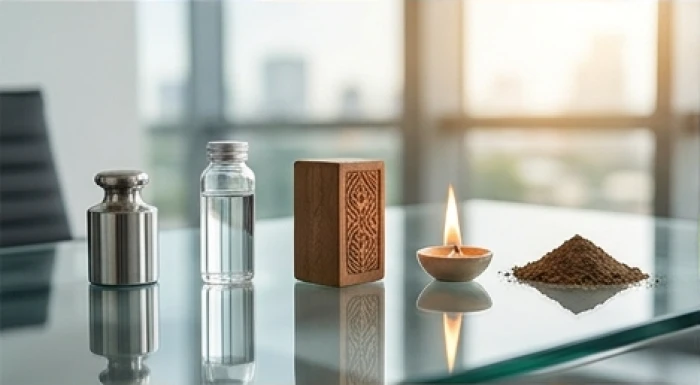 Bảng sơ đồ định hướng nghề nghiệp theo ngũ hành Kim Thủy Mộc Hỏa Thổ trên bàn làm việc hiện đại