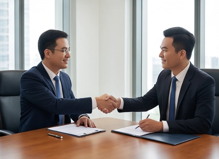 Doanh nhân tuổi Sửu thảo luận hợp đồng kinh doanh và lựa chọn đối tác hợp phong thủy ngũ hành