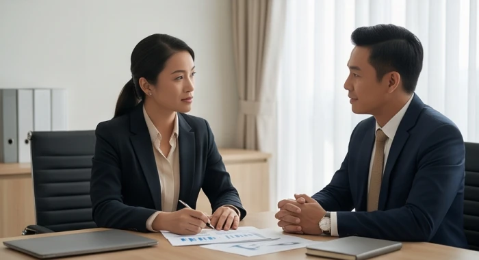 Chuyên gia tài chính tuổi Giáp Tý 1984 trao đổi chiến lược cùng đối tác hướng ngoại trong không gian văn phòng