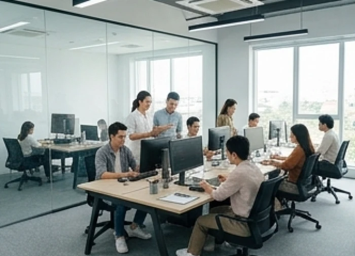 Các chuyên gia trẻ ngành công nghệ thông tin và y dược làm việc trong không gian mở chuyên nghiệp