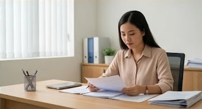 Nữ thanh niên Canh Dần làm việc điềm tĩnh trong văn phòng tư vấn nhân sự với phong thái cẩn trọng chuyên nghiệp
