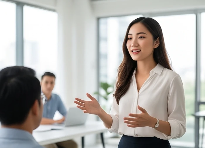 Nữ sinh cung Càn tuổi Kỷ Sửu tự tin thuyết trình và giao tiếp ngoại ngữ trong lớp học hiện đại