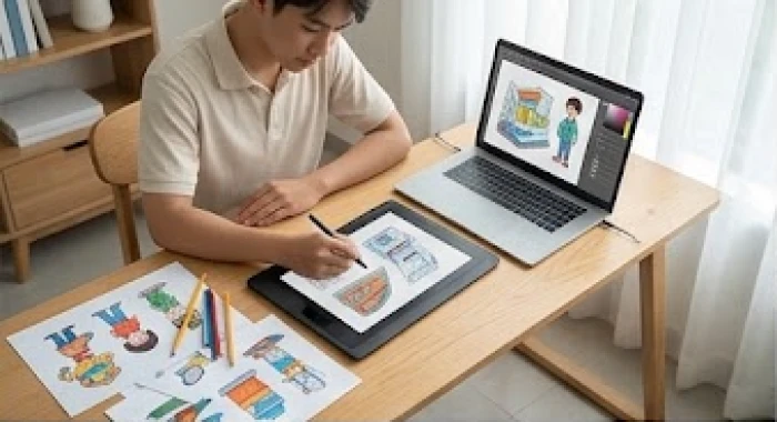 Học sinh tuổi Canh Dần thực hành thiết kế đồ họa sáng tạo trên máy tính bảng trong không gian tự do và cảm hứng