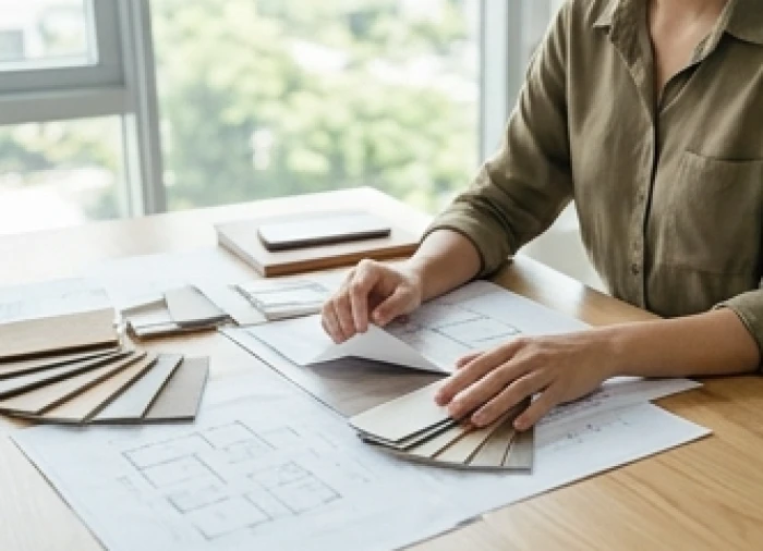Sinh viên thực tập ngành thiết kế nội thất đang chỉnh sửa chi tiết bản vẽ kỹ thuật trên bàn làm việc
