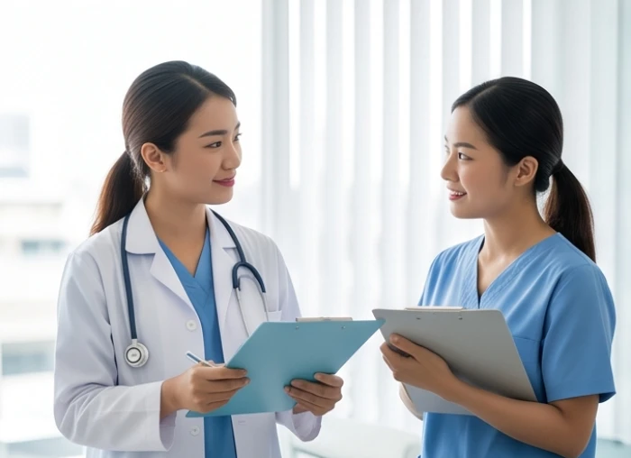 Nữ bác sĩ và dược sĩ trẻ tận tâm trao đổi chuyên môn chăm sóc sức khỏe trong không gian phòng khám hiện đại