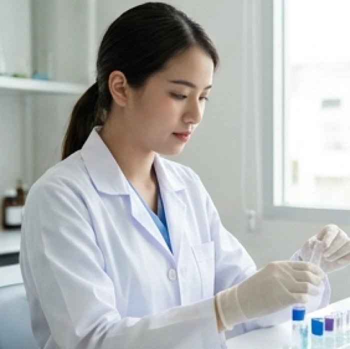 Nữ sinh ngành điều dưỡng chăm sóc sức khỏe thực hành với các thiết bị y tế trong phòng thực hành khoa học