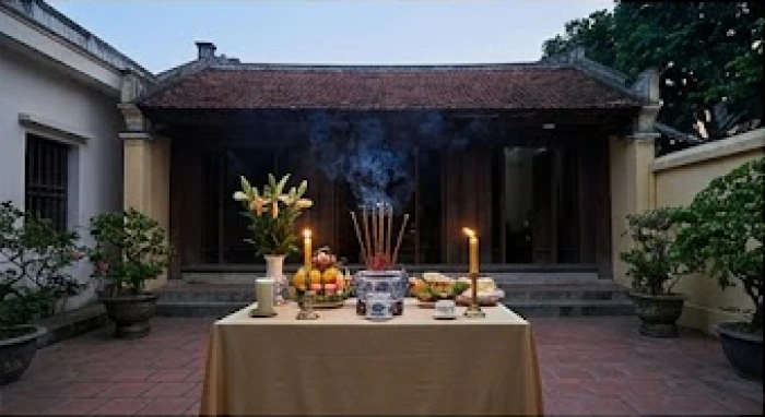 Không gian sắp đặt bàn lễ cúng dâng sao giải hạn ngoài trời hướng về phía Tây vào ban đêm trang nghiêm