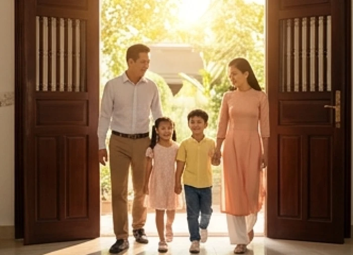 Gia đình chuẩn bị hành trang bước ra khỏi nhà vào khung giờ hoàng đạo đầu xuân