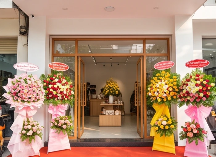 Mặt tiền cửa hàng rực rỡ với các lẵng hoa tươi tuyệt đẹp trong ngày đầu mở cửa đón khách