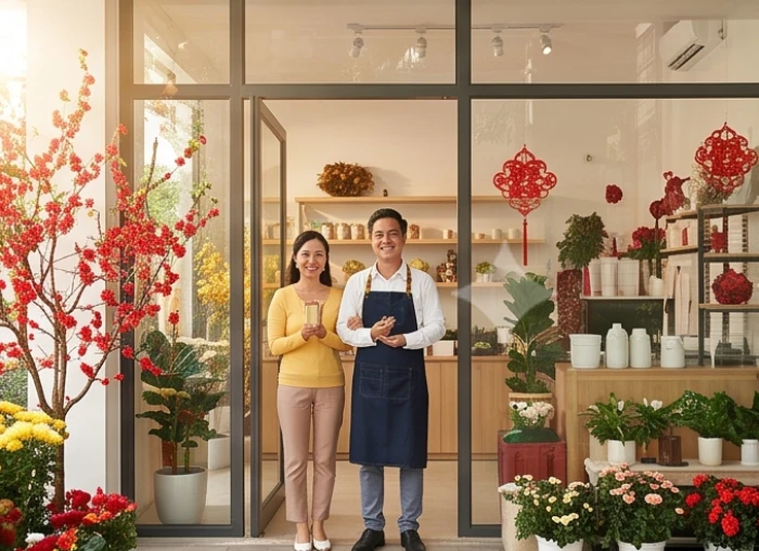 Cửa hàng kinh doanh đón những vị khách đầu tiên trong ngày khai trương đầu năm trong không khí tươi vui