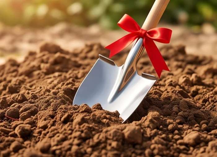 Nghi thức xúc cát động thổ xây dựng công trình diễn ra trang trọng với đầy đủ xẻng và hoa tươi