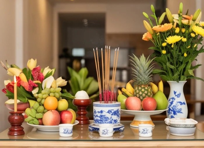 Mâm cúng khai trương kinh doanh chuẩn bị tươm tất với hoa quả tươi trang trọng cho gia chủ tuổi Bính Tý năm 2026