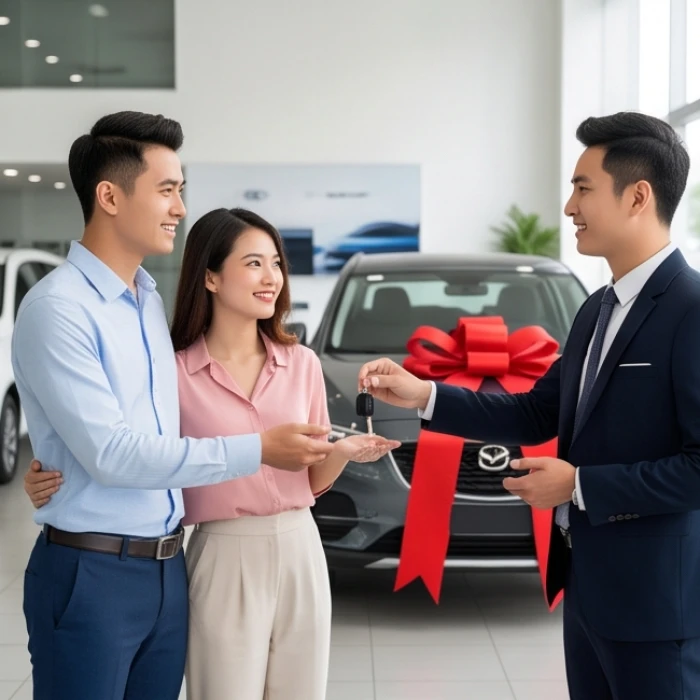 Chủ xe vui vẻ nhận bàn giao chiếc ô tô mới tại đại lý vào một ngày hoàng đạo rực rỡ ánh nắng.