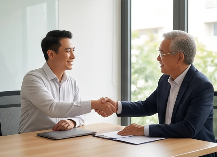 Chuyên viên đàm phán đang tự tin bắt tay đối tác sau khi đạt được thỏa thuận hợp tác thành công