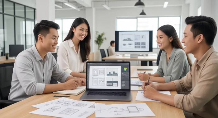 Nhóm chuyên viên trẻ đang làm việc nhóm trong không gian mở năng động và linh hoạt