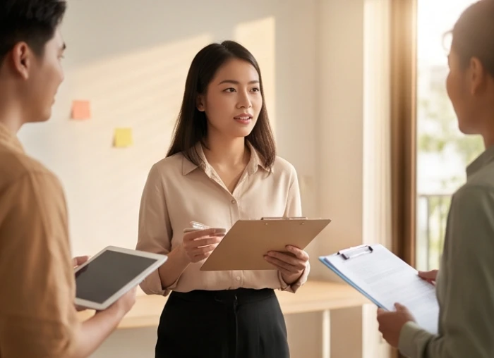 Nữ điều phối viên thảo luận kế hoạch sự kiện phản ánh thế mạnh nghề nghiệp của nữ tuổi ất dậu 2005 linh hoạt
