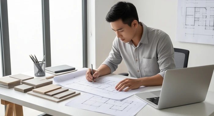 Kiến trúc sư trẻ tuổi Đinh Hợi chăm chú xem xét bản vẽ kỹ thuật trong không gian làm việc ngập tràn ánh sáng
