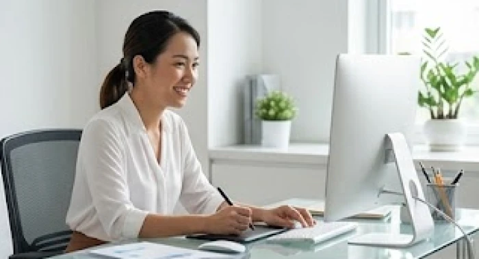 Nữ nhân viên văn phòng mệnh Thủy làm việc hiệu quả trong không gian giao tiếp khách hàng