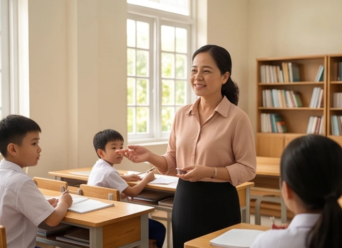 Nữ giáo viên tận tụy hướng dẫn học trò trong lớp học sáng sủa tiêu biểu cho ngành nghề phù hợp mệnh Mộc