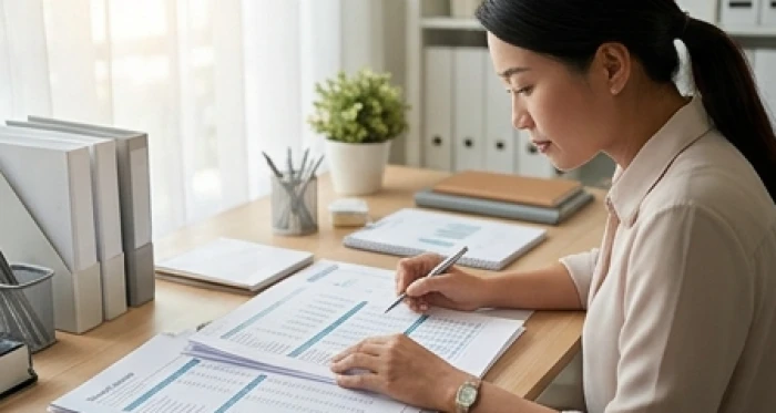 Chuyên viên tài chính tỉ mỉ kiểm tra sổ sách kế toán phát huy thế mạnh cẩn trọng của tính cách tuổi sửu