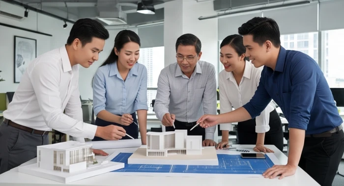 Kiến trúc sư tuổi Thìn thảo luận mô hình quy hoạch dự án sáng tạo tại không gian làm việc mở hiện đại