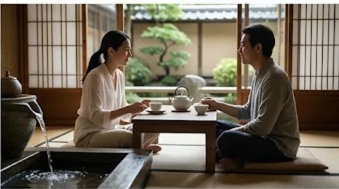 Hai người ngồi thưởng trà cạnh hồ nước êm ả thể hiện sự kết nối và đàm phán thành công