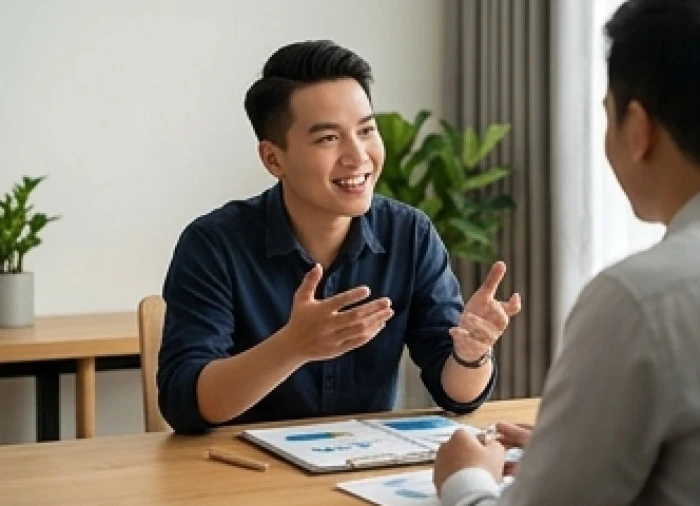 Nhân viên trẻ đang đàm phán vui vẻ với đối tác tại một không gian làm việc năng động và hiện đại