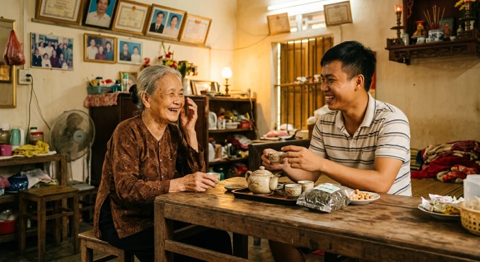 Hai bà cháu cùng ngồi thưởng thức tách trà nóng và cười rạng rỡ khi ôn lại những kỷ niệm đẹp đẽ của gia đình ngày xưa